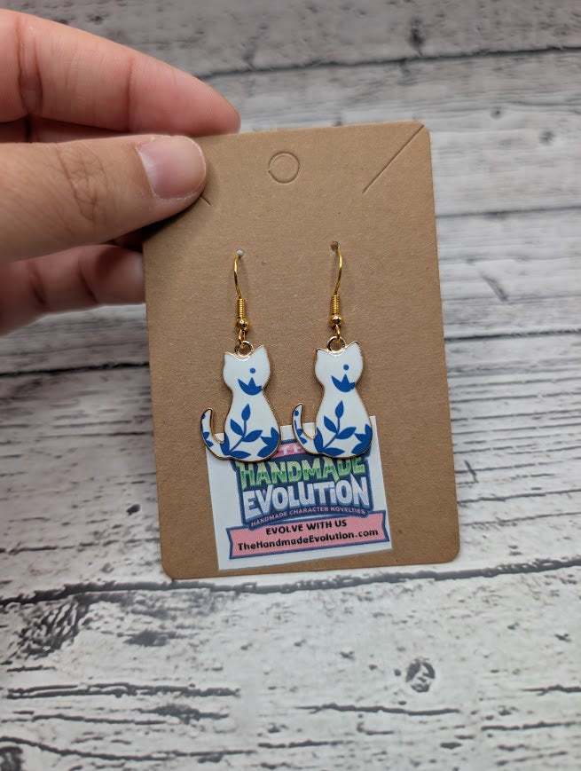 Cat Earrings - Blue & White